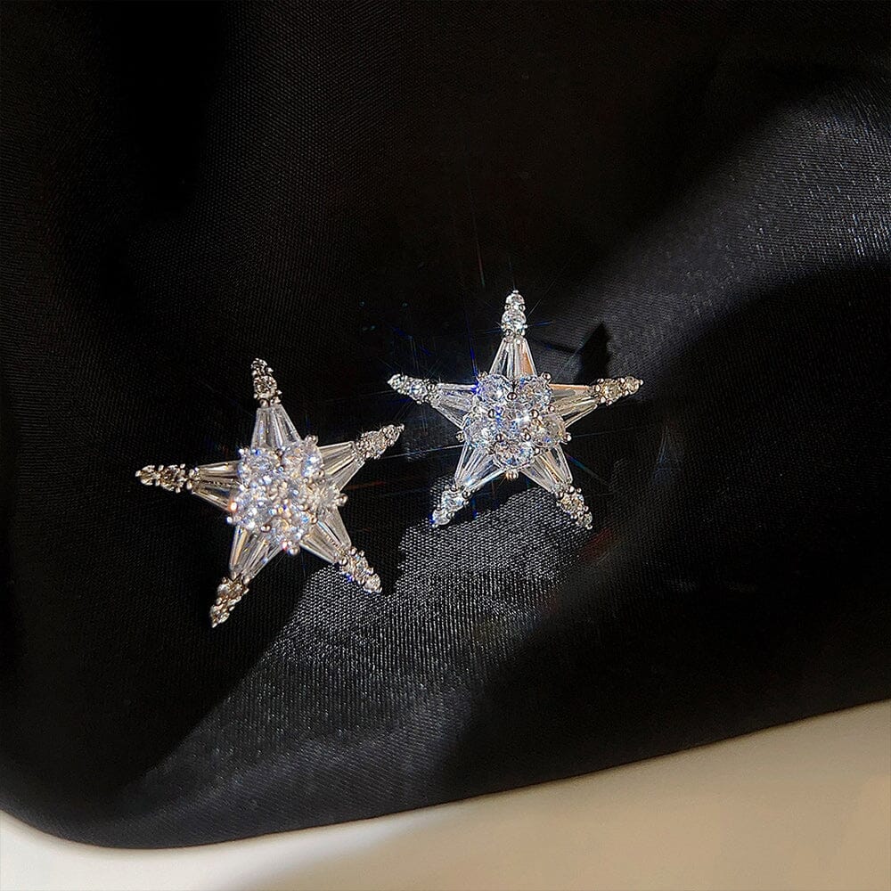 Sterling Silver High Shine Zircornia Star Earrings - Silver