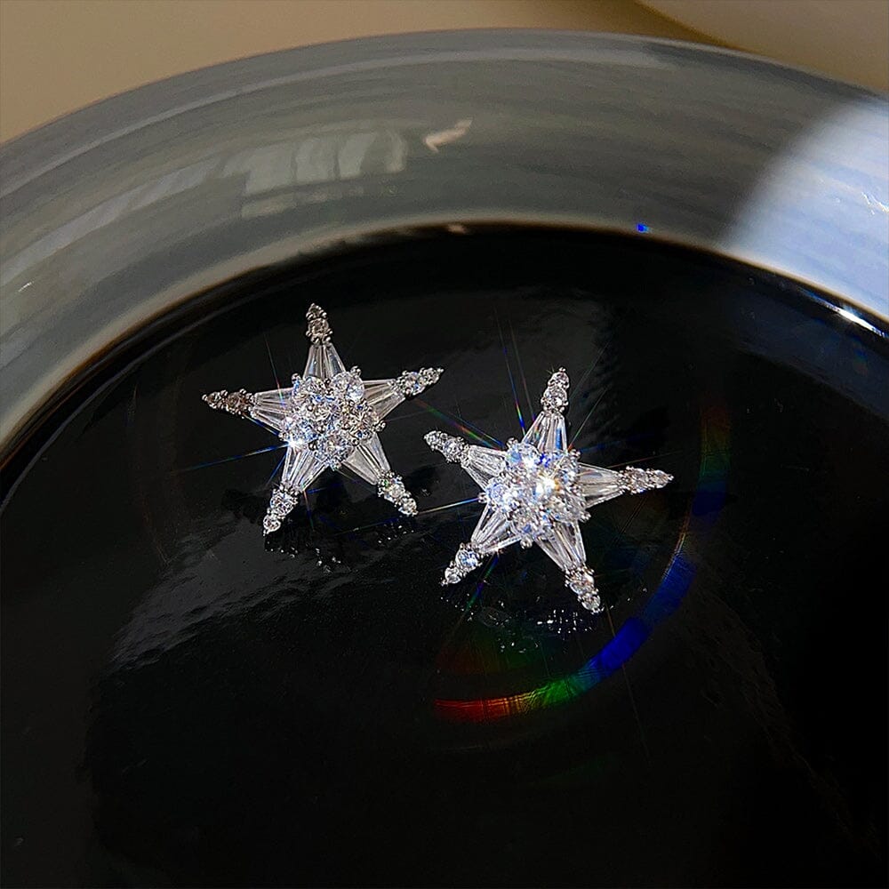 Sterling Silver High Shine Zircornia Star Earrings - Silver