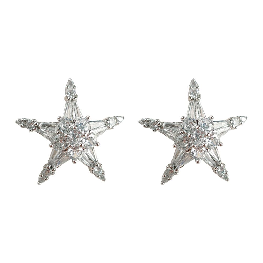 Sterling Silver High Shine Zircornia Star Earrings - Silver