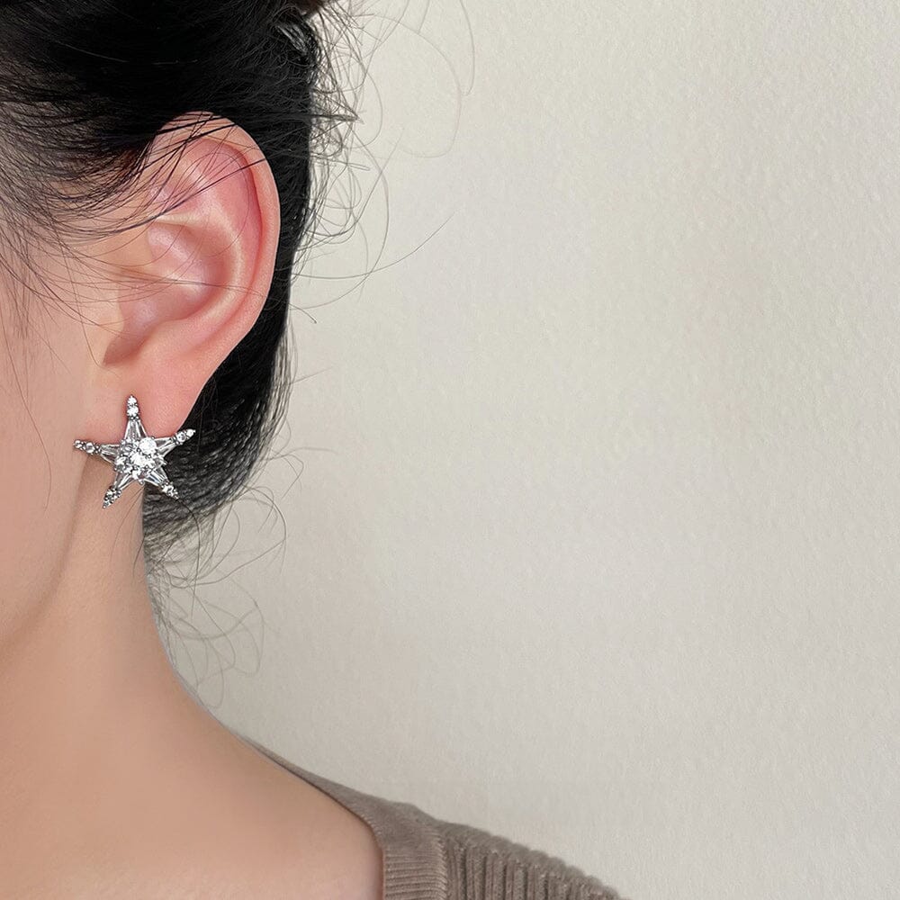 Sterling Silver High Shine Zircornia Star Earrings - Silver