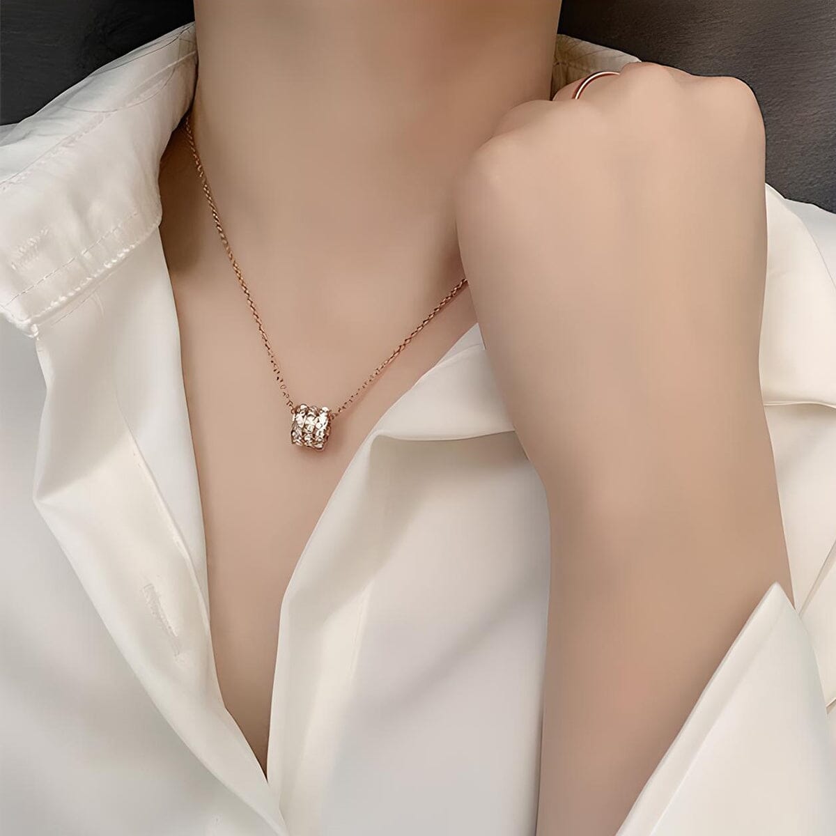 Titanium Steel Layered Rhinestone Collar Necklace - Rose Gold