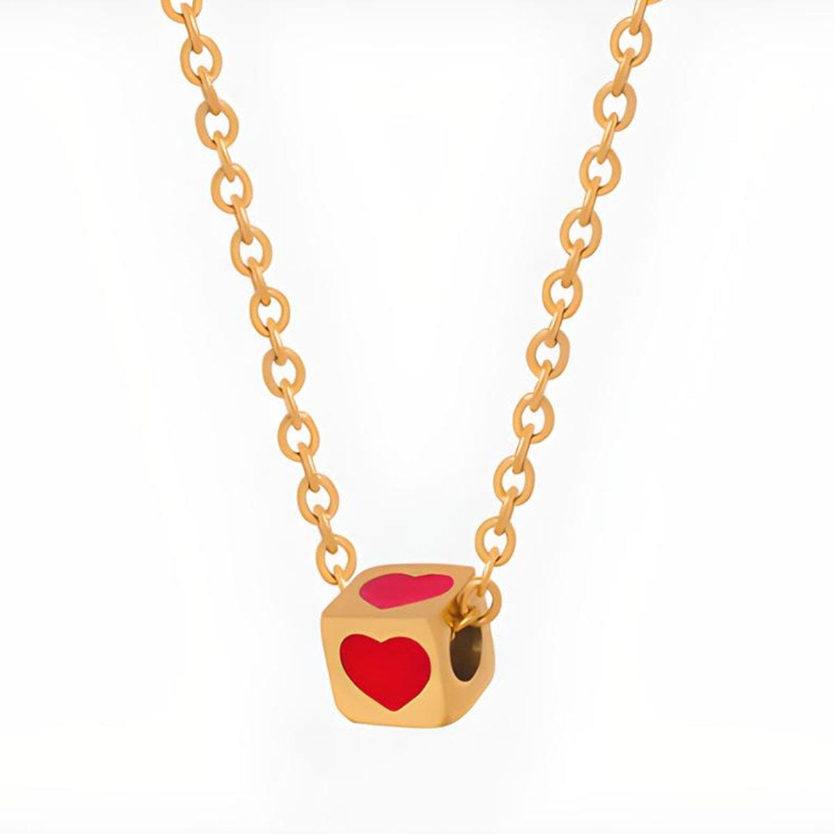 Titanium Steel Small Red Heart Diced Pendant Necklace - Gold