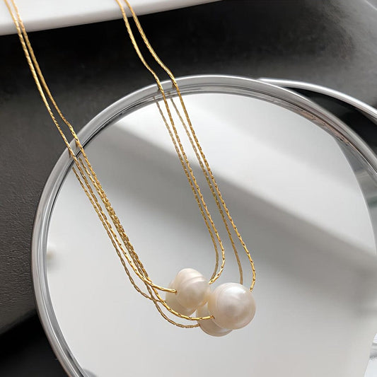 Titanium Steel Natural Pearl Pendant Collar Necklace