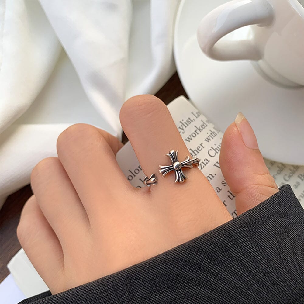 Silver Plated Simple Cross Ring - Adjustable Opening