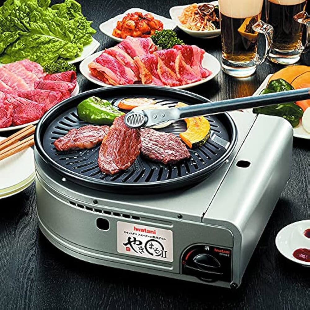 Iwatani Yakiniku II Smokeless Gas Grill Butane Fuel CB-SLG-2 with foods.