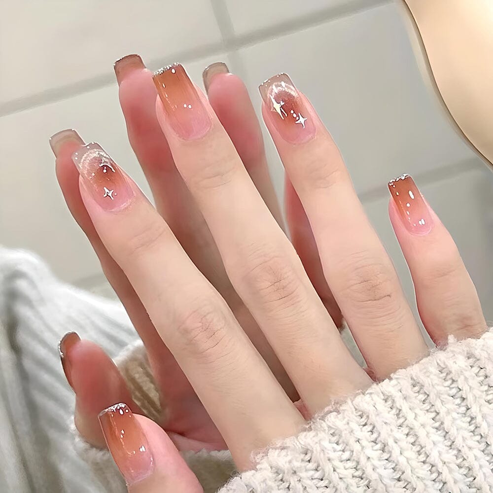 Autumn/ Winter Caramel Gradient Starry Cat Eye Removable Nail Patch set (Glue-Style)