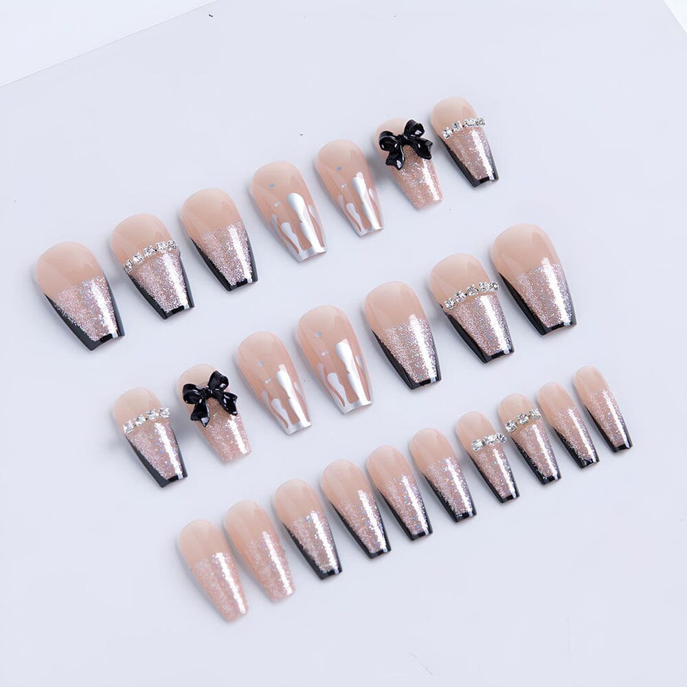 Long Ballet French Glitter Bow Chain 3D Design UV Gel Nail Patch Set