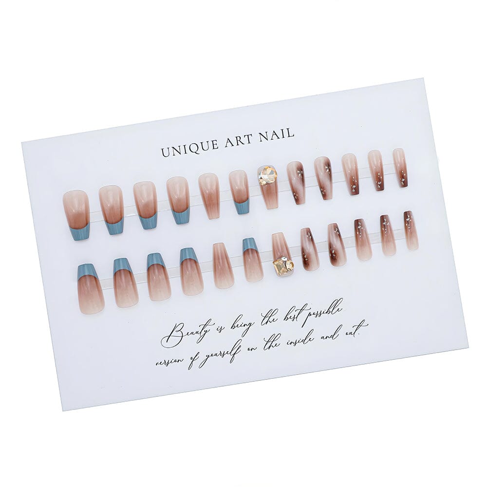 Long Retro Golden Brown French Maillard Rhinestone Finished Nail Patch Set (Glue-Style)