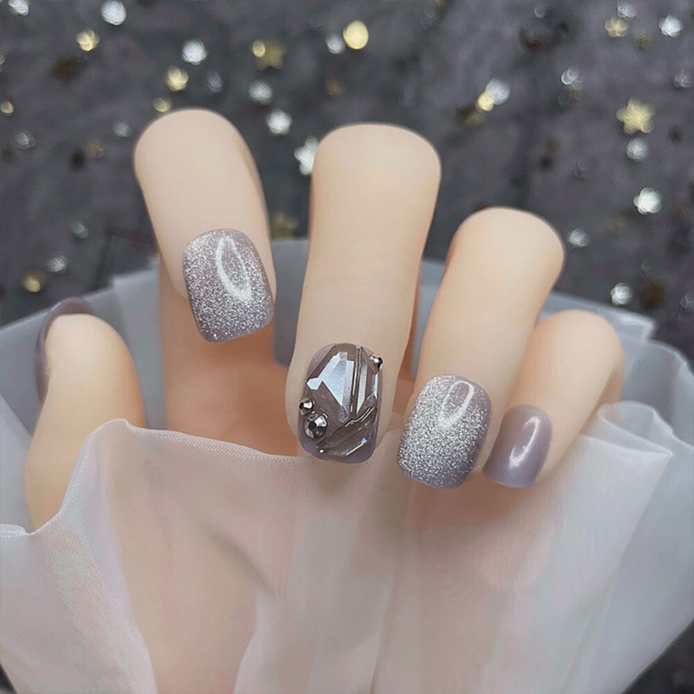 Short Translucent Icy Ash Rhinestone Crystal Cat Eye Nail Patch Set (Glue-Style)