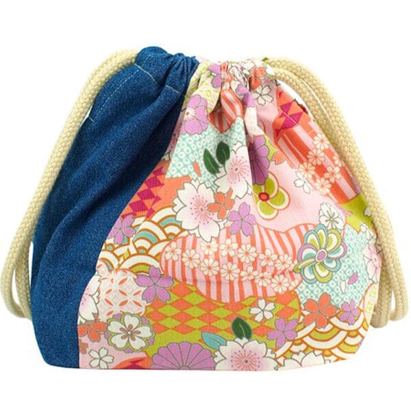 Japanese Floral Print Pink X Medium Blue Lunch Drawstring Sack Small