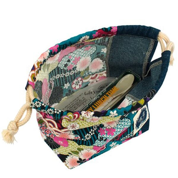 Japanese Floral Print X Indigo Blue Lunch Drawstring Sack Small
