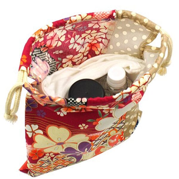 Japanese Sakura Floral Print x Beige Polka Dot Everyday Use Drawstring Sack Large