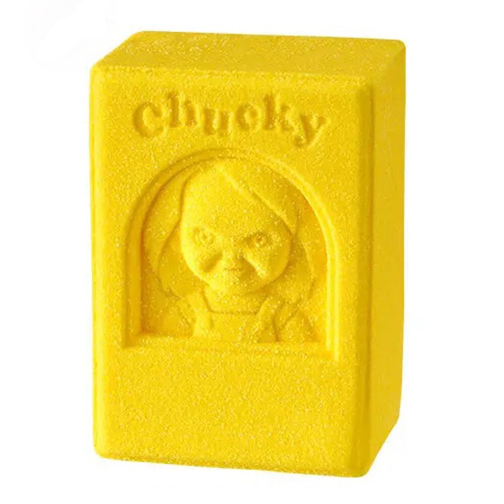 Yellow block with a face design and 'Chucky' text on a white background