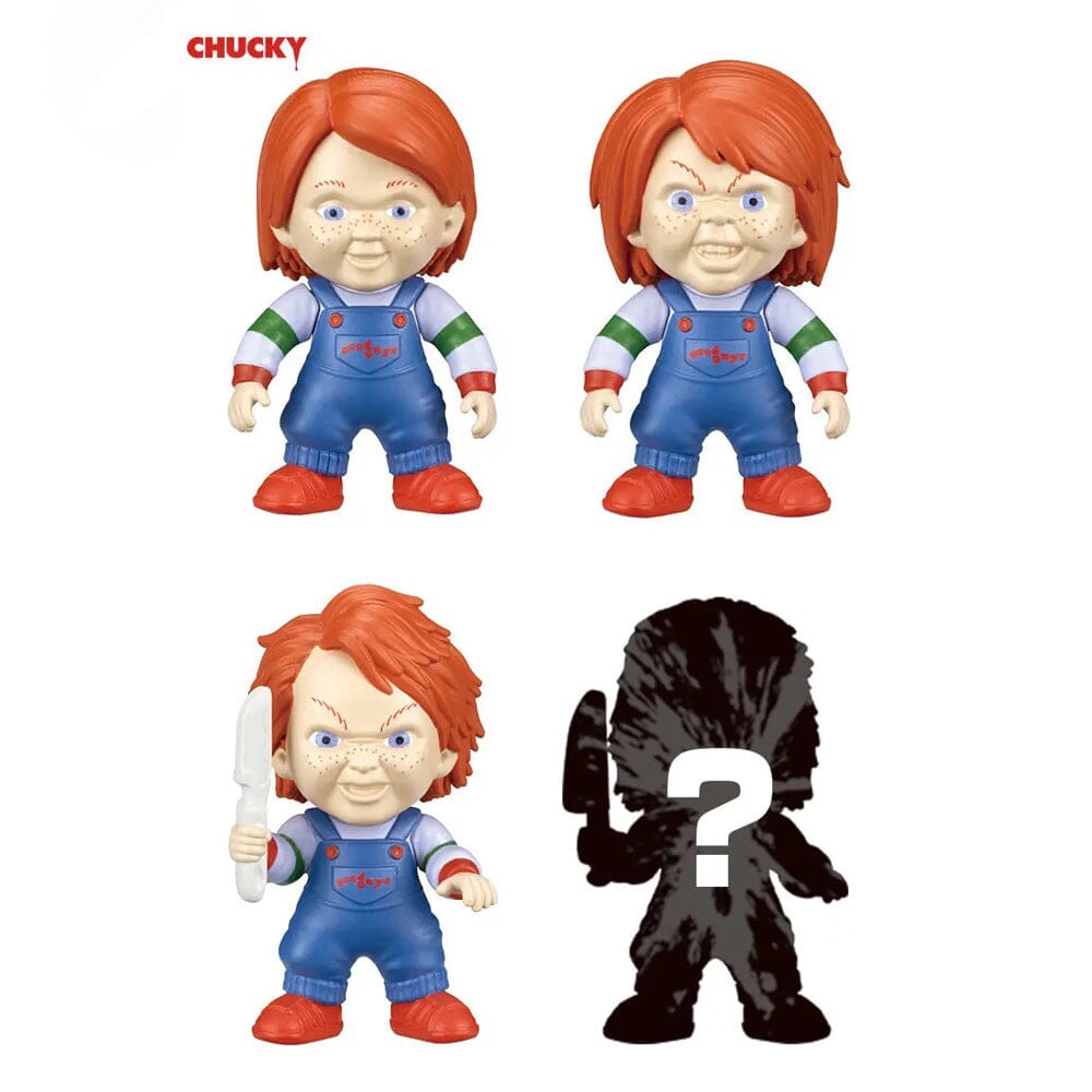 Four toy figures of Chucky with red hair and blue overalls on a white background. 