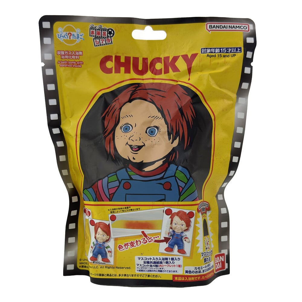 Toy packaging of Chucky with yellow background and BANDAI NAMCO branding.