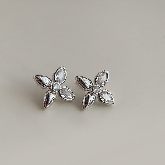 Sterling Silver Micro-inset Zircornia Four-Leaf Flower Earrings - Silver