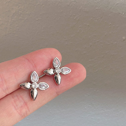 Sterling Silver Micro-insert Zirconia Four-Leaf Flower Earrings - Silver