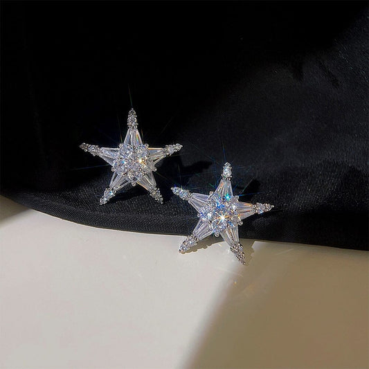 Sterling Silver High Shine Zircornia Star Earrings - Silver