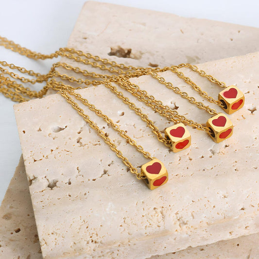 Titanium Steel Small Red Heart Diced Pendant Necklace - Gold