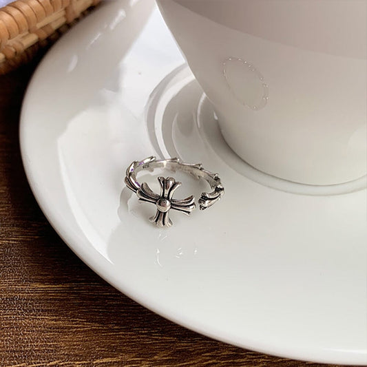 Silver Plated Simple Cross Ring - Adjustable Opening