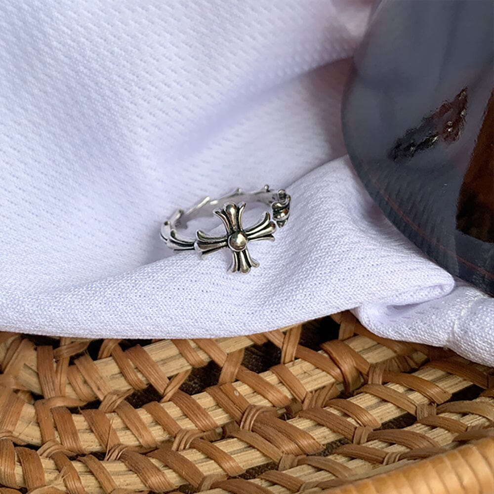 Silver Plated Simple Cross Ring - Adjustable Opening