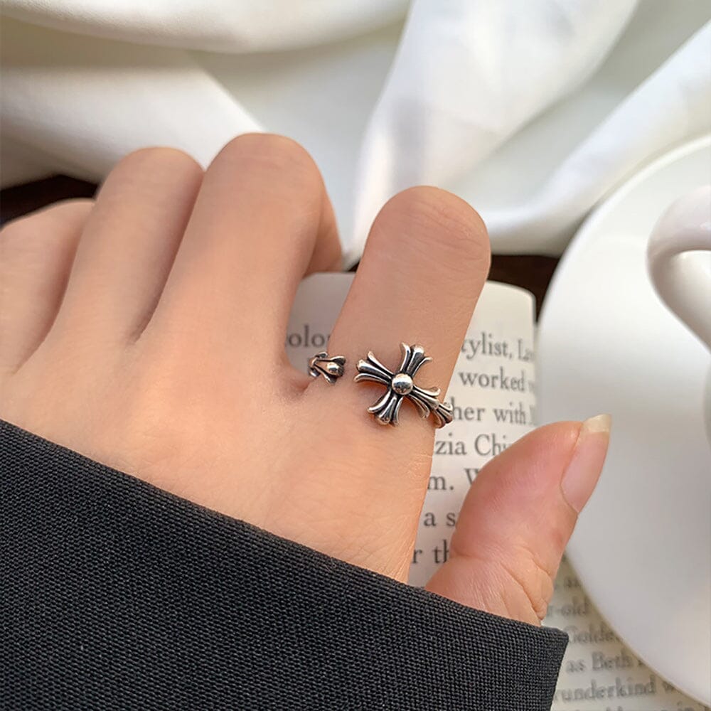 Silver Plated Simple Cross Ring - Adjustable Opening