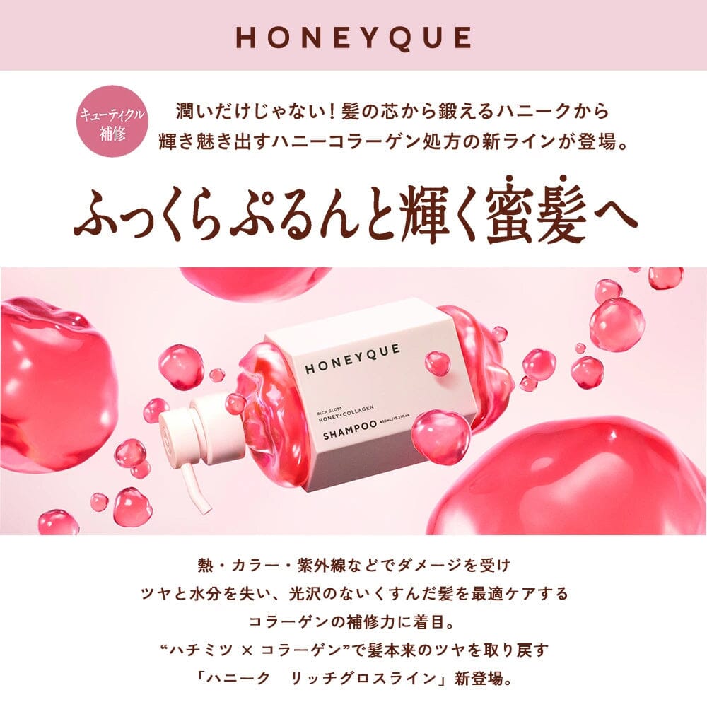Bottle Works Honeyque Rich Gloss Shampoo promotional image featuring honey collagen formula for glossy hair
