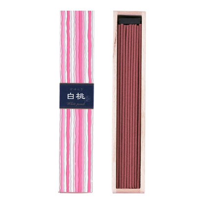 Kayuragi White Peach Aroma Incense Sticks with pink striped box and wooden incense holder