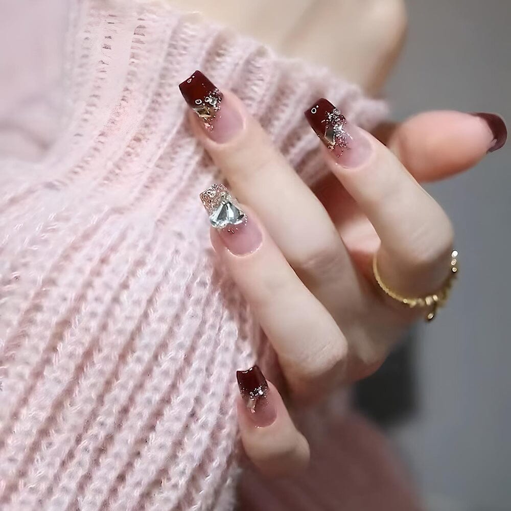 Trendy UV Gel - Burgundy French Style Crushing Rhinestone Bridal Nail Patch Set