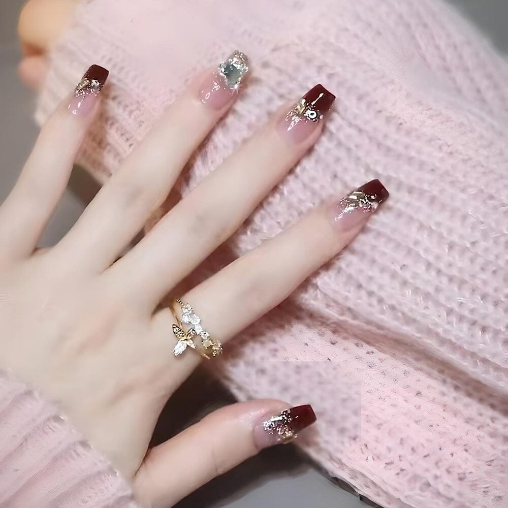 Trendy UV Gel - Burgundy French Style Crushing Rhinestone Bridal Nail Patch Set