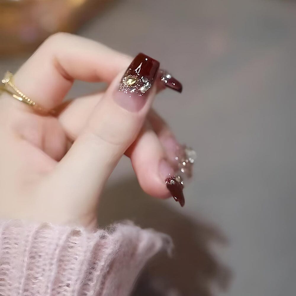 Trendy UV Gel - Burgundy French Style Crushing Rhinestone Bridal Nail Patch Set