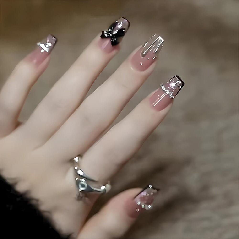 Long Ballet French Glitter Bow Chain 3D Design UV Gel Nail Patch Set