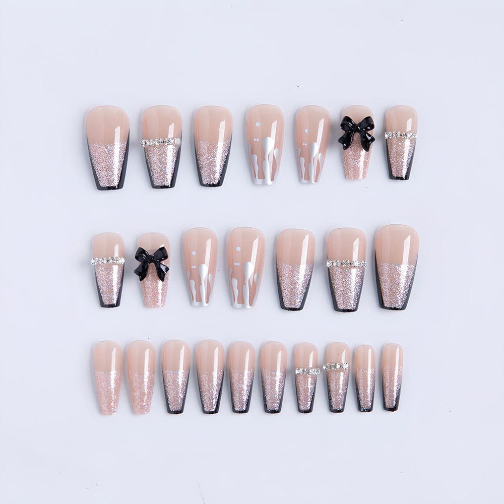 Long Ballet French Glitter Bow Chain 3D Design UV Gel Nail Patch Set