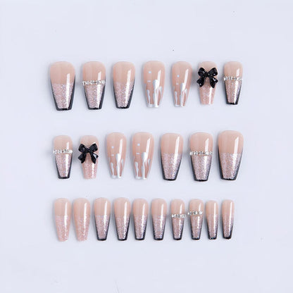 Long Ballet French Glitter Bow Chain 3D Design UV Gel Nail Patch Set