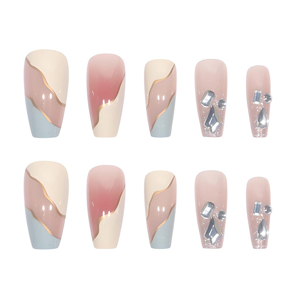 Long Milky Blue Removable Nail Patch Set (Glue- Style)