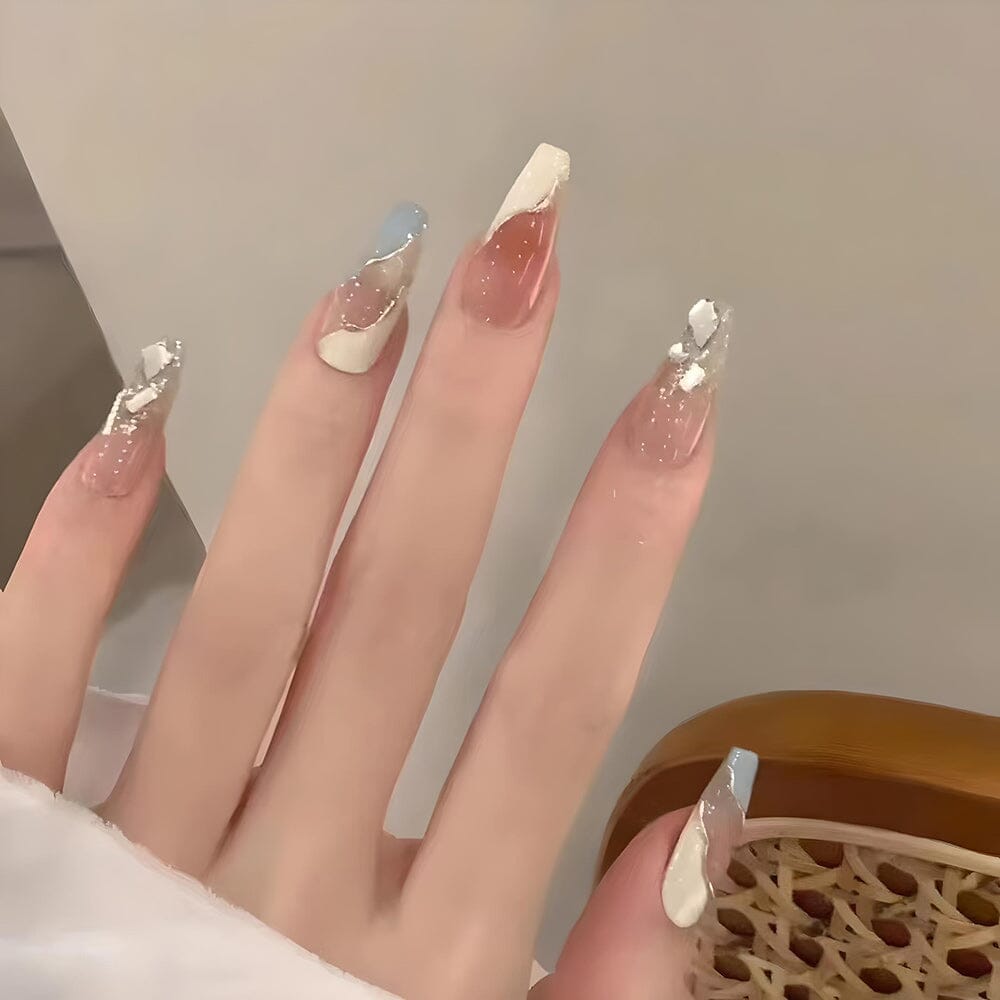 Long Milky Blue Removable Nail Patch Set (Glue- Style)