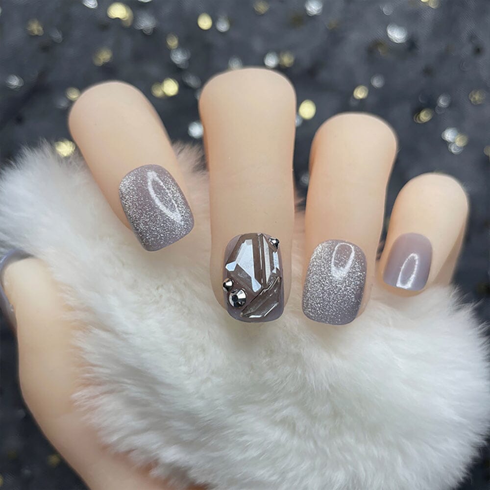 Short Translucent Icy Ash Rhinestone Crystal Cat Eye Nail Patch Set (Glue-Style)