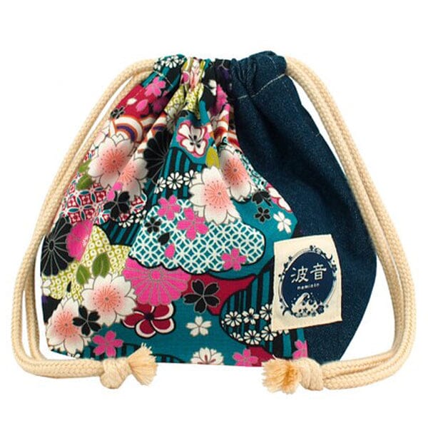 Japanese Floral Print X Indigo Blue Lunch Drawstring Sack Small