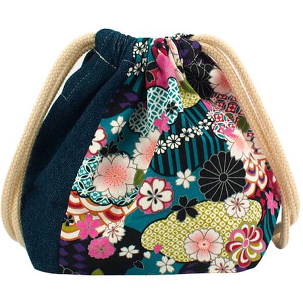 Japanese Floral Print X Indigo Blue Lunch Drawstring Sack Small
