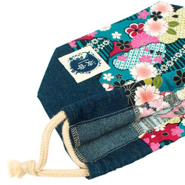 Japanese Floral Print X Indigo Blue Lunch Drawstring Sack Small