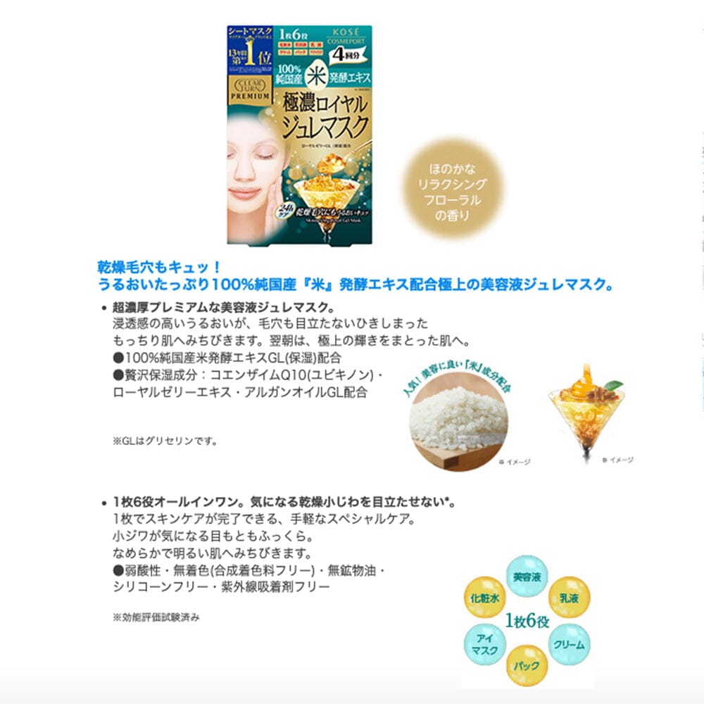 Kose Clear Turn Premium Moisturizing Royal Jelly Facial Mask (Fermented 100% Japanese Rice Extract) 4pcs